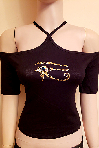 OPEN SHOULDER MIDRIFF WITH EYE OF HORUS DESIGN IN SIZE MEDIUM $30.00