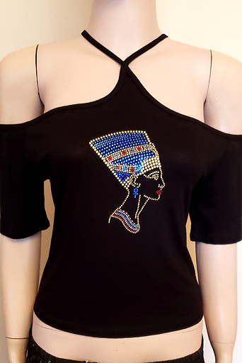 OPEN SHOULDER MIDRIFF WITH NEFERTITI DESIGN IN SIZE LARGE $40.00  