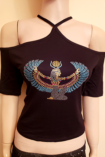 OPEN SHOULDER MIDRIFF WITH WINGED GODDESS DESIGN IN SIZE LARGE $45.00