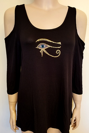 COLD SHOULDER 3-4 SLEEVE EYE OF HORUS IN SIZE MEDIUM $30.00