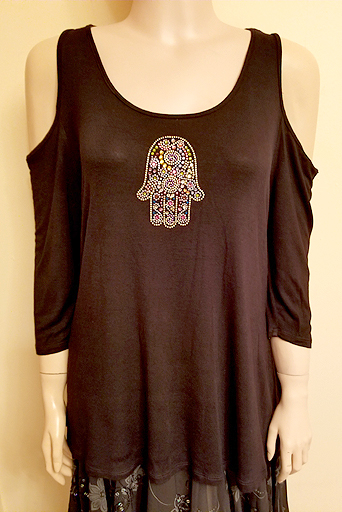 COLD SHOULDER 3-4 SLEEVE WITH PINK-GOLD HAMSA IN SIZE LARGE $40.00