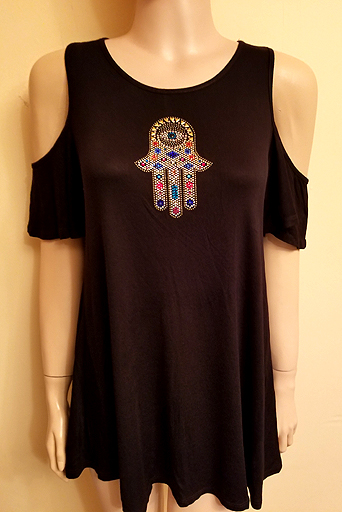 COLD SHOULDER SHORT SLEEVE HAMSA WITH MINI EYE IN SIZE MEDIUM $40.00