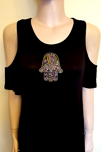 COLD SHOULDER SHORT SLEEVE WITH PINK-GOLD HAMSA IN SIZE LARGE $40.00