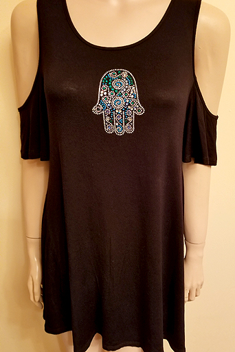 COLD SHOULDER SHORT SLEEVES BLUE-SILVER HAMSA DESIGN IN SIZES LARGE  & XL $40.00