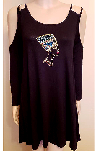 LONG SLEEVE COLD SHOULDER TUNIC-DOUBLE STRAPS WITH NEFERTITI DESIGN IN SIZES LARGE & XL $40.00