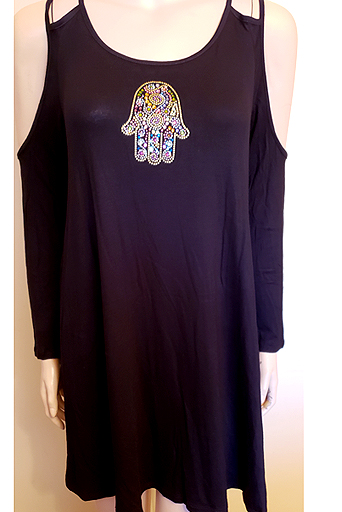 LONG SLEEVE COLD SHOULDER TUNIC-DOUBLE STRAPS WITH PINK-GOLD HAMSA IN SIZE LARGE $40.00