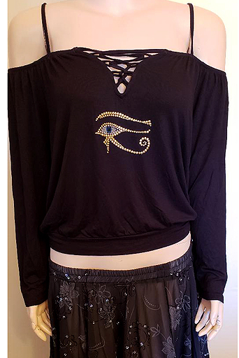 OFF THE SHOULDER-SPAGHETTI STRAPS WITH EYE OF HORUS DESIGN IN SIZE LARGE $30.00