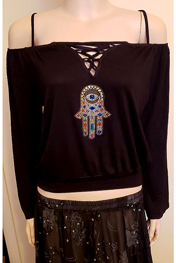 OFF THE SHOULDER-SPAGHETTI STRAPS WITH HAMSA AND MINI EYE DESIGN IN SIZE LARGE $40.00