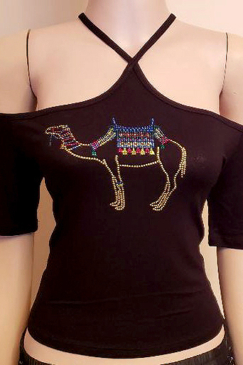 OPEN SHOULDER MIDRIFF WITH CAMEL DESIGN IN SIZE MEDIUM $40.00