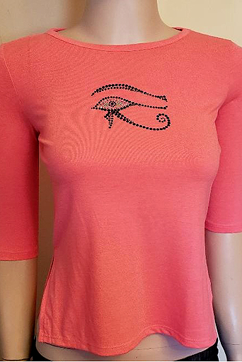 3-4 SLEEVE PINK WITH BLACK EYE OF HORUS IN SIZES XS, SMALL , MEDIUM $30.00
