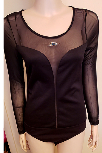 BLACK BODY SUIT WITH SHEER SHOULDERS & SLEEVES WITH MINI EYES SIZE MEDIUM $30.00