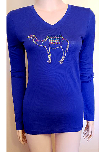 ROYAL BLUE LONG SLEEVE V-NECK WITH CAMEL DESIGN IN SIZES SMALL & LARGE $40.00