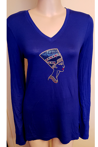 ROYAL BLUE LONG SLEEVE V-NECK WITH NEFERTITI DESIGN IN SIZE $40.00