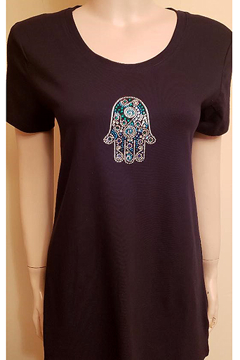 SHORT SLEEVE WITH BLUE-SILVER HAMSA IN SIZE LARGE $20.00