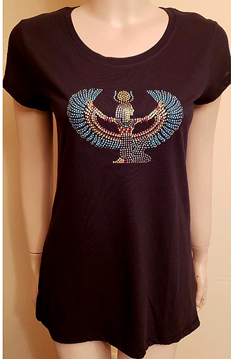BLACK TEE WITH WINGED GODDESS DESIGN IN SIZE LARGE $45.00