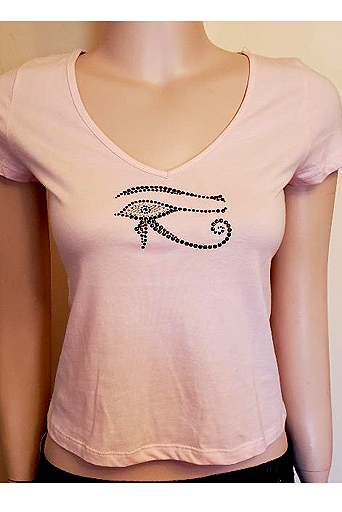 LIGHT PINK V-NECK CAP SLEEVES WITH BLACK EYE OF HORUS IN SIZE SMALL $30.00