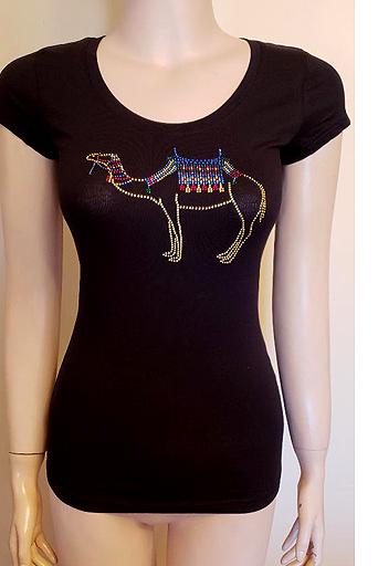 ROUND NECK CAP SLEEVES WITH CAMEL DESIGN IN SIZE SMALL $40.00