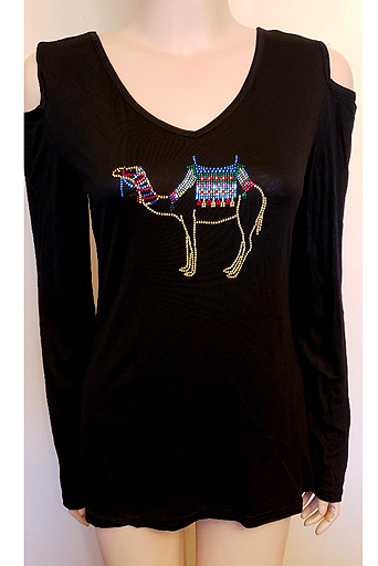 V-NECK LONG SLEEVE COLD SHOULDER WITH CAMEL DESIGN WITH STRAPPY BACK IN SIZES MEDIUM, LARGE & XL $40.00