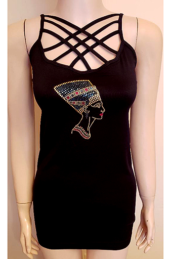 BLACK CAMI WITH LATTICE STRAPS ON TOP WITH NEFERTITI DESIGN IN SIZE LARGE $40.00
