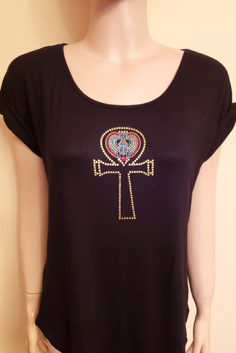 SHORT SLEEVE WITH FOLDED-OVER SLEEVE WITH ANKH DESIGN IN SIZE MEDIUM & XL $40.00
