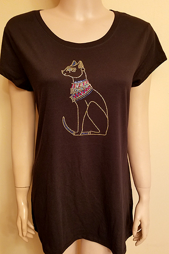 SHORT SLEEVES ROUND NECK WITH GODDESS BASTET DESIGN IN SIZE LARGE & XL $40.00