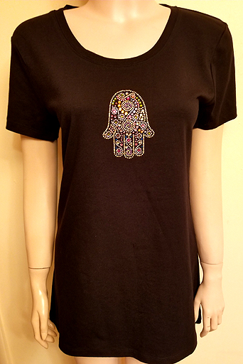 SHORT SLEEVE SCOOP NECK WITH PINKGOLD  HAMSA DESIGN IN SIZE LARGE $40.00
