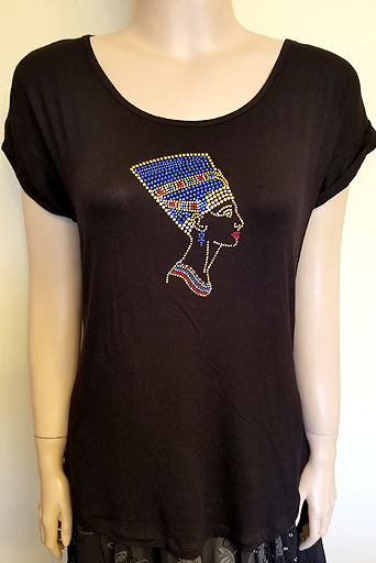 SHORT SLEEVE WITH FOLDED OVER SLEEVE WITH NEFERTITI DESIGN IN SIZE MEDIUM & LARGE $40.00