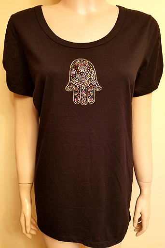 SCOOP NECK WITH SPLIT SLEEVES WITH PINK-GOLD HAMSA DESIGN IN SIZE LARGE AND XL $40.00